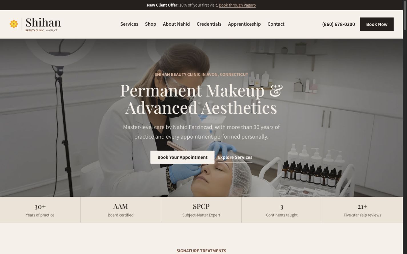 Existing Shihan Beauty Clinic website screenshot from Davar’s portfolio