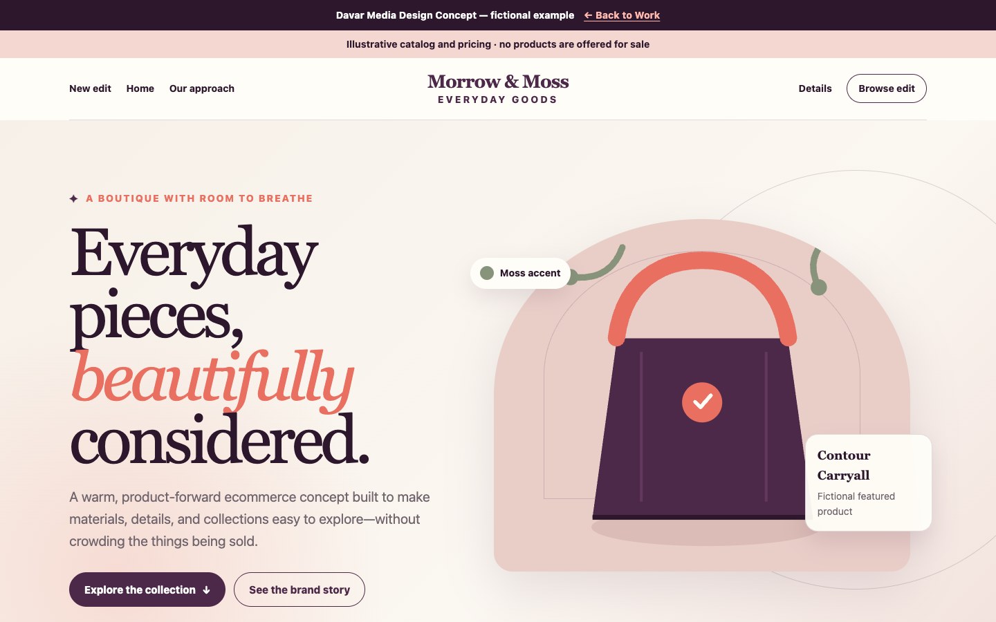 Preview of a fictional editorial ecommerce storefront design